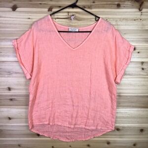 Sofia Made in Italy Blouse Womens Small Peach Linen V Neck Short Sleeve Shirt